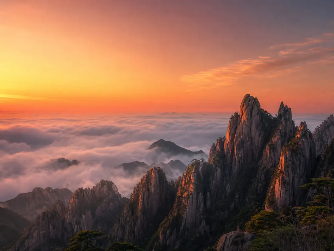 黄山光明顶标志性晚霞摄影景观